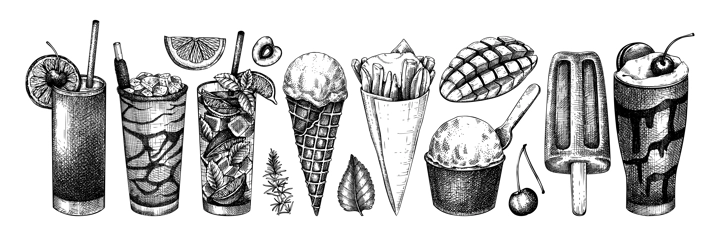 Summer party menu elements. Non-alcoholic beverage, mocktail, ice cream, fruit, cocktail sketches. Hand drawn vector illustration. Tropical design elements. Mojito, milkshake, mangonada, Pina Colada